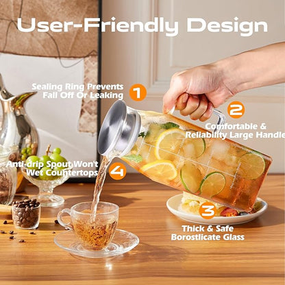 2 Liters/68oz 2 Pack Square Glass Pitcher with Lid and Handle for Bridge Door, Aofmee Borosilicate Glass Heat Resistant Dishwasher Safe Iced Tea Jar, Carafe with Scale Line for Hot/Cold Beverage