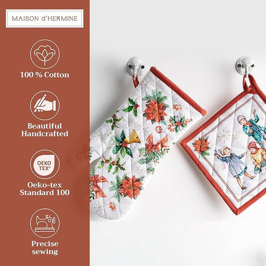Maison d' Hermine 100% Cotton Oven Mitt & Pot Holder Set (7.5"x13" & 8"x8") Heat Resistant BBQ Cooking Gloves with Loop, Baking, Grilling, Kitchen, Handling Hot Pans (Chromo)