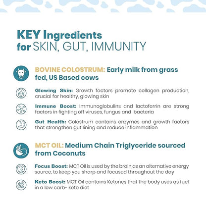 Bovine Colostrum with MCT Oil, Lactoferrin, IgG by Owl & Ox | Grass Fed, US Based | Skin Health, Gut Health and Immune Support | Sugar Free, Keto Friendly, Non GMO | Made in USA