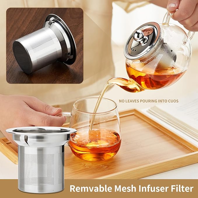 Glass Teapot Stovpetop Safe,20 oz/ 600 ml Stove Top & Microwave Safe Small Borosilicate Glass Kettle with Loose Leaf Tea Strainer For Flower Blooming Tea, Clear