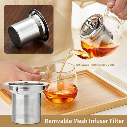 Glass Teapot Stovpetop Safe,20 oz/ 600 ml Stove Top & Microwave Safe Small Borosilicate Glass Kettle with Loose Leaf Tea Strainer For Flower Blooming Tea, Clear