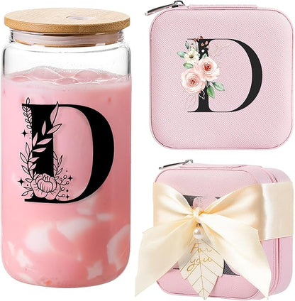 AYGXU Jewelry Box & Glass Set, Pink, Personalized Initial, Small Travel Case, Graduation Gift for Girls