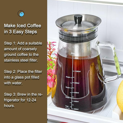 Aquach Airtight Cold Brew Coffee (Iced Tea) Maker 51oz/1.5L, BPA-Free, Durable Borosilicate Glass Pitcher and Stainless Steel Fine-Mesh Filter, Dishwasher Safe, Spill-proof, 6 Cups Capacity