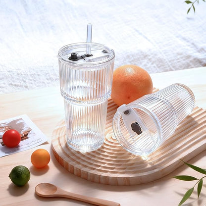 4PCS 20oz Glass Cups with Lids and Straws, Iced Coffee Cups with Lids, Stylish Ribbed Thick Drinking Glasses Tumbler for Juice, Smoothies, Cold Beverages, Cute Cup Gifts with Clean Brush