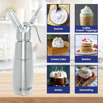 Stainless Steel Whipped Cream Dispenser, Professional Grade Whipper, Full Canister, with 3 Decorating Tip Nozzels, Ideal for Baking, Desserts, & Culinary Creations (1L)