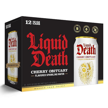 Liquid Death, Cherry Obituary, Soda-Flavored Sparkling Water, 12-Pack (12oz Cans), Low Sugar, Huge Flavor & No Artificial Sweeteners