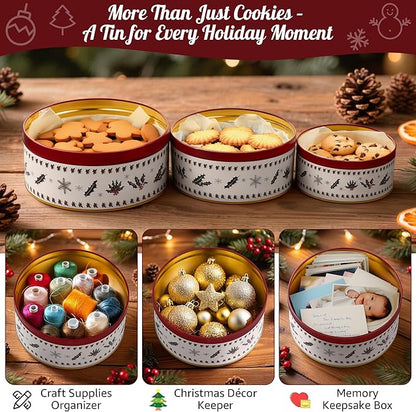 3 Pack Christmas Cookie Tins with 10 Baking Papers, Reusable Nesting Round Metal Cookie Containers with Airtight Lids for Treat Storage & Holiday Gift Giving (Large, Medium, Small)