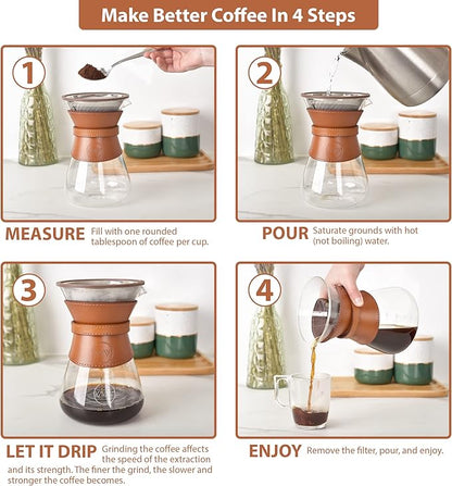 Pour Over Coffee Maker Set with Double-Layer Stainless Steel Filter, Coffee Dripper, Cork Lid and Leather Collar Holder - High Heat Resistance Borosilicate Glass Carafe, Great Gift Idea (37 oz)