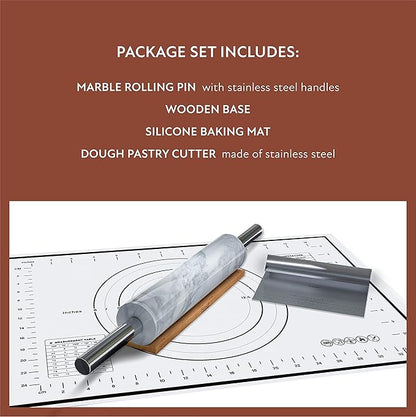 White Marble Rolling Pin with Stainless Steel Handles Baking Set - Silicone Baking Mat, Bench Scraper, Wooden Base