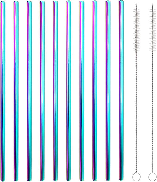 10 Pcs Stainless Steel Straws, Reusable Drinking Straws, Straight Metal Straw Sets with 2 Pcs Cleaning Brushes (8.5 Inch, Colorful)