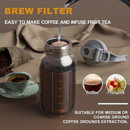 Cold Brew Coffee Maker Jar - 64oz Thick Glass Multipurpose Mason Pitcher Spout Lid with Handle & Stainless Steel Filter for Iced Coffee, Lemonade, Ice Tea, Homemade Fruit Drinks Container