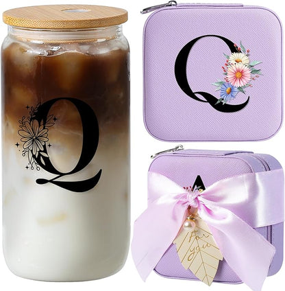 AYGXU Purple Glass Cup with Bamboo Lid and Straw - Teacher Appreciation Gift for Women - End of Year Gift - Aesthetic Travel Cup