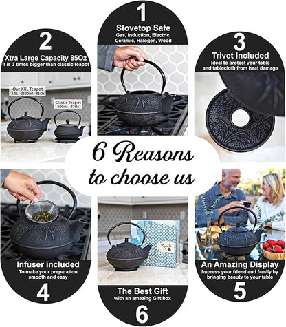 XXL Japanese Cast Iron Teapot with Infuser & Matching Trivet - Large 85 Oz/2500ml Tetsubin Loose Leaf Tea Pot with Enamel Interior - Handcrafted Big Cast Iron Tea Kettle Humidifier Set - Black