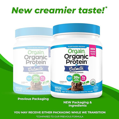 Orgain Organic Vegan Protein Powder + Oat Milk, Chocolate - 20g Plant Based Protein, Gluten Free, No Dairy, Soy or Lactose Ingredients, Low Sugar, Non-GMO, Kosher, For Shakes & Smoothies - 1.05lb