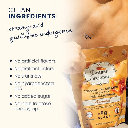 Leaner Creamer Coconut Creamer with Superfood Ingredients – Non-Dairy, Sugar-Free, Keto, Gluten-Free Powdered Coffee Creamer – Caramel – 280g