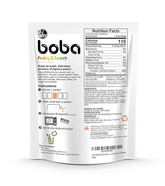 J WAY BOBA Authentic Instant Tapioca Boba Pearls for Milk Tea, Smoothies and Desserts, Tropical Fruit Flavor (Ready in Just 20 Seconds) - 5 Servings