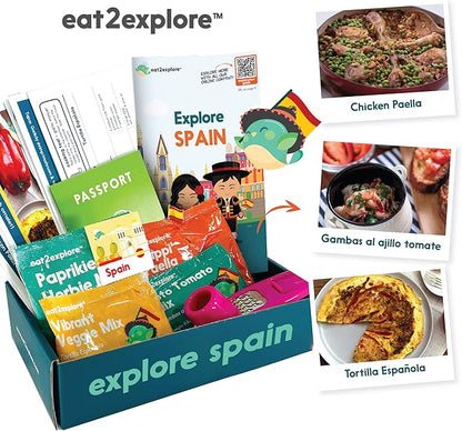eat2explore Cooking Kits for Kids – Interactive & Educational Kids Cooking Sets Real for Ages 5 and Up,3 Recipe Cards & Global Ingredients – Fun Gift for Young Chefs (Spain Edition)
