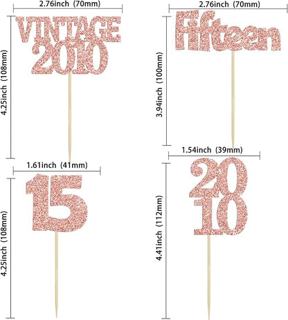 Gyufise 24Pcs 15th Birthday Cupcake Toppers Glitter Fifteen Vintage 2010 Hello 15 Years Birthday Cupcake Picks Sweet 15 Cake Decorations for Happy 15th Anniversary Party Supplies Rose Gold