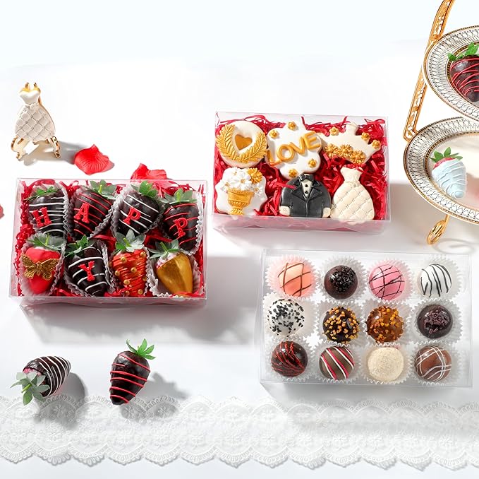 RomanticBaking 10PCS 8x5x2 Inch Full Clear Chocolate Covered Strawberries Boxes Perfect for Displaying Treats,Oreos, Cookies,Macaron, Cakesickle, Donut, Mini Bakery, Brownie, Dessert