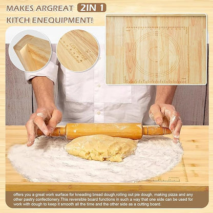 Reversible Wooden Pastry Board, 24" x 20" Wooden Cutting Board with Lip, Pastry Board Cutting Board Chopping Board Pie Board with Engraved Ruler for Counter Top Kitchen