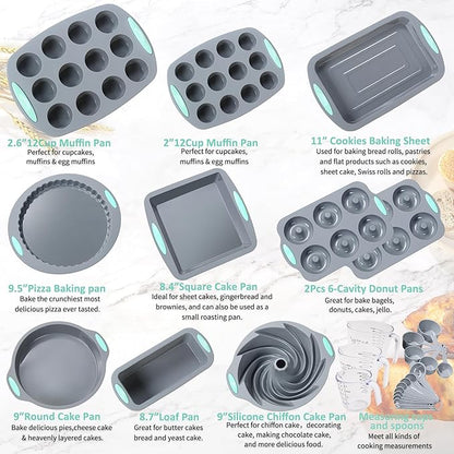 To encounter 30 in 1 Silicone Baking Set - 10 Silicone Baking Cake Pan, Baking Sheet, Donut Molds, Muffin Pan with Measuring Cups and Spoons Set