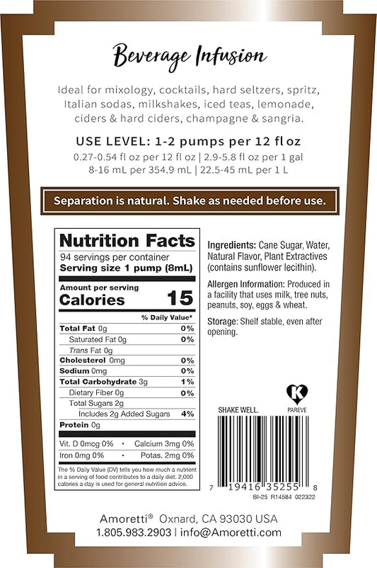 Amoretti - Irish Coffee Beverage Infusion, 94 Servings Per Bottle (750 ml) - Drink Mix & Water Enhancer with Pump for Flavoring Cocktails, Waters, Teas, and other Beverages, Preservative Free