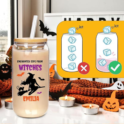 Personalized Halloween Tumbler for Witches-Boo Basket Stuffers- Can Shaped Glass with Lids and Straws18OZ -Halloween Gifts for Women Kids Daughter