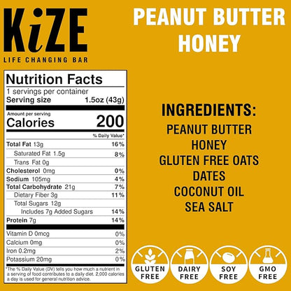 KiZE Energy Bars - Peanut Butter Honey - Gluten Free, Dairy Free, Non-GMO, and High Protein Meal Replacement Energy Bars, Clean and Simple Food Ingredients - 7g High Protein Snacks, (10 Count)