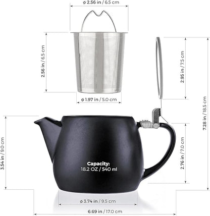Tealyra - Pluto Porcelain Small Teapot Black - 18.2-ounce (1-2 cups) - Matte Finish - Stainless Steel Lid and Extra-Fine Infuser To Brew Loose Leaf Tea - 540ml