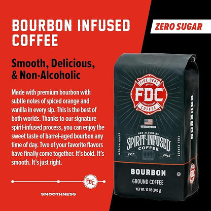 Fire Department Coffee - Bourbon Coffee - Gives Back to Firefighters - Premium Bourbon Infused Grounds - Medium Roast - Non-Alcoholic - Roasted in the USA - Veteran Owned - 12 oz