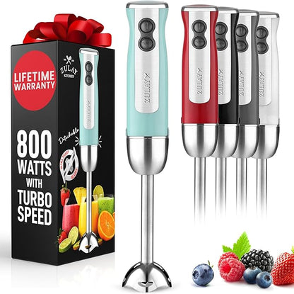 Zulay Immersion Stick Mixer Hand Blender - 800 Watts, Turbo Mode, 5-ft Power Electric Cord, Handheld Portable, Stainless Steel Blades - For Effortless Blending Smoothie, Soup, Baby Food, Puree - Aqua