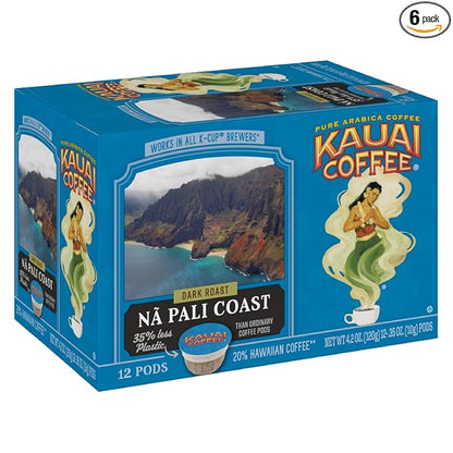Kauai Coffee Pods Compatible with K-Cup Pods for Keurig Brewers – 20% Hawaiian Arabica – Dark Roast, Rich, Smooth, No Bitterness – Na Pali Coast, 6 Packs of 12 Single Serve Cups