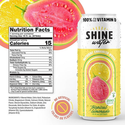 ShineWater Tropical Lemonade Vitamin D Electrolyte Drink | Zero Sugar Hydration Beverage with Magnesium, Zinc & Antioxidants | Low Calorie Plant-Based Vitamin Water | 12 Pack