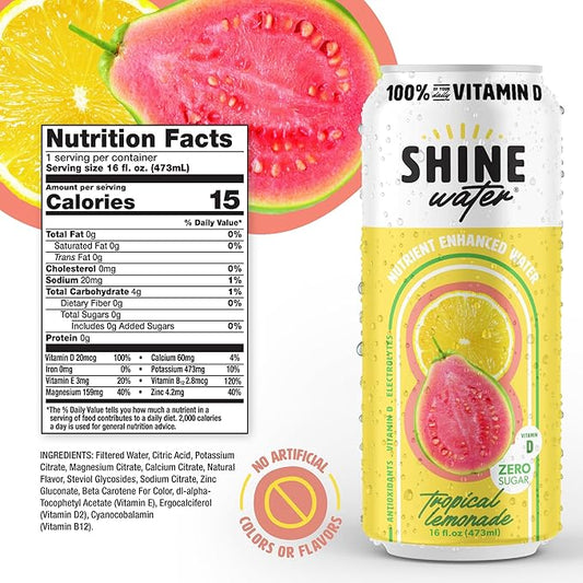 ShineWater Tropical Lemonade Vitamin D Electrolyte Drink | Zero Sugar Hydration Beverage with Magnesium, Zinc & Antioxidants | Low Calorie Plant-Based Vitamin Water | 12 Pack