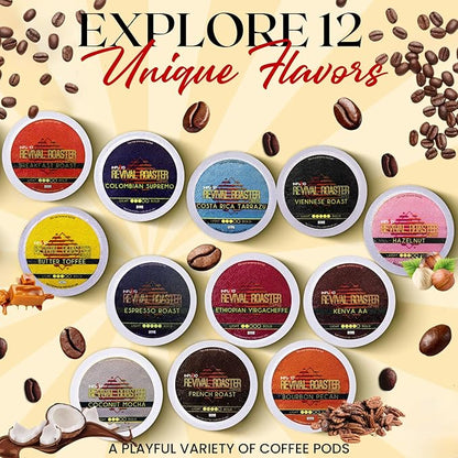 InfuSio Coffee Pods Variety Pack – 96 Count, 12 Crafted Medium & Dark Roast Blends and Artisan-Inspired Flavors Like Bourbon Pecan & Butter Toffee, Revival Roaster Collection, Compatible with Keurig 2.0 Brewers