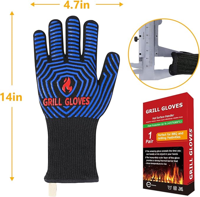 QUWIN BBQ Gloves, Oven Gloves 1472℉ Extreme Heat Resistant, Grilling Gloves Silicone Non-Slip Oven Mitts, Kitchen Gloves for BBQ, Grilling, Cooking, Baking-1 Pair… (Black Blue, One SizeLong Cuff