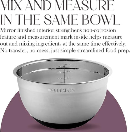 Bellemain Mixing Bowls with Lids Set - Stainless Steel Mixing Bowls with Airtight Lids - Food Storage Containers - 3PCS Set with Non-Slip Bottoms Kitchen Essentials for Baking - Serving