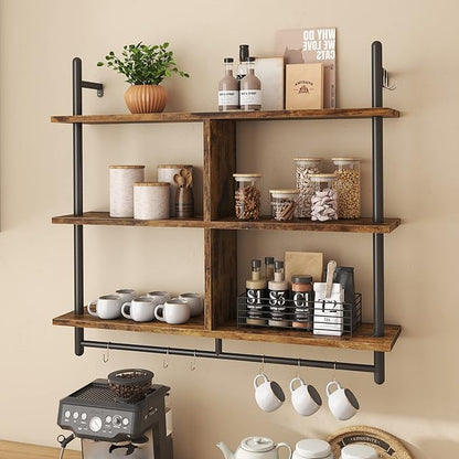 Bestier Floating Pipe Shelving Kitchen Shelves Wall Mounted 3 Tier 41.5" Ladder Coffee Bar Shelf Hanging with Circular Tube, Display Bookshelf Storage for Living Room Kitchen, Rustic Brown