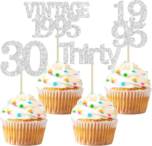 Gyufise 24Pcs Happy 30th Birthday Cupcake Toppers Glitter Thirty 30 Fabulous Vintage 1995 Cupcake Picks for 30th Birthday Wedding Anniversary Party Cake Decorations Supplies Silver