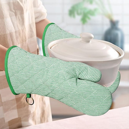 1 Pair Yarn Dyed Oven Mitts 100% Cotton Heat Resistant 470 Degree Gloves Men Women Cooking Baking Barbecue BBQ Microwave Crafting Machine Washable Pot Holders Mittens (Green)