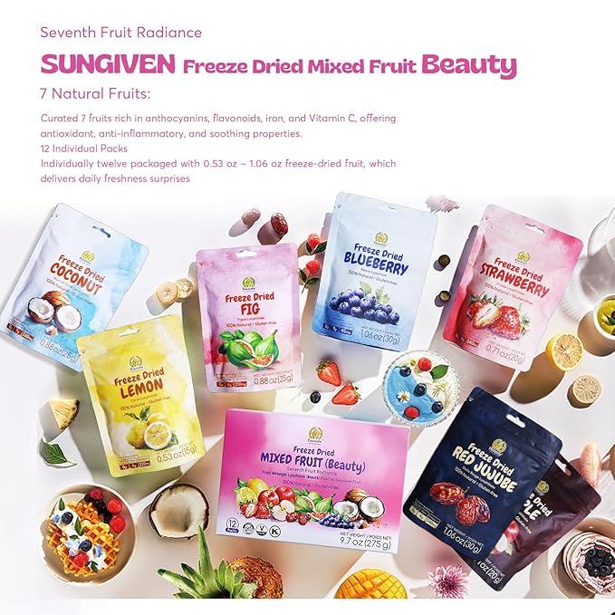 SUNGIVEN Mixed Freeze Dried Fruit for Beauty, Variety Pack of 12 Bag, 7 Kinds of Fruit, Health Snack, Rich in Vitamins, Apple Strawberry Blueberry Lemon Coconut Fig Red-Dates, No Sugar Added, 9.7 oz