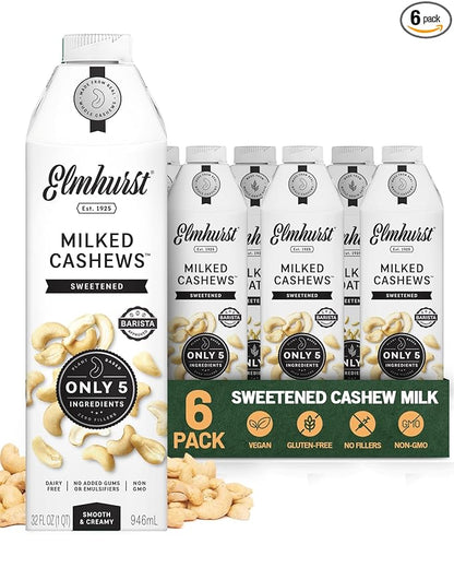 Elmhurst 1925 Sweetened Cashew Milk - 32 Ounce (Pack of 6) Dairy-Free, Vegan, Kosher, Gluten-Free, Shelf Stable Plant Based Milk Made with Water & Cashews for Healthier Coffee, Latte & Smoothies