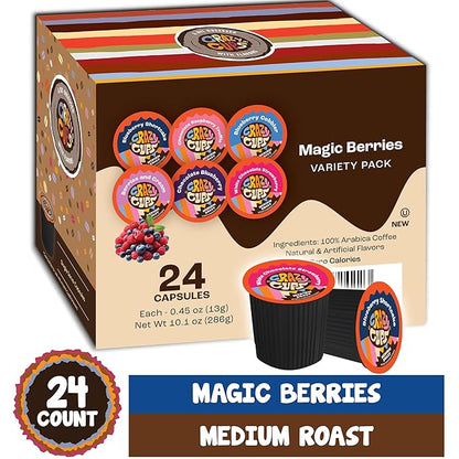 Crazy Cups Blueberry Coffee Pods Variety Pack, Magic Berries Flavored Coffee, Single Serve Recyclable Pods Compatible With Keurig K Cup Brewers, 24 Count