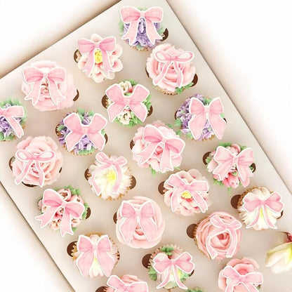 Gyufise 50Pcs Edible Pink Bowknot Cupcake Toppers Wafer Paper Bowknot Cake Dessert Picks Drink Topper Baby Shower Princess Cupcake Toppers for Birthday Party Decoration Supplies