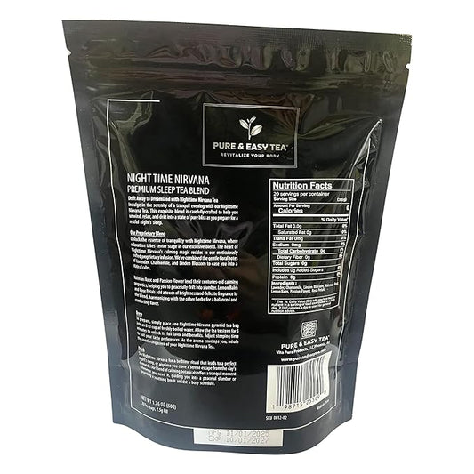 Pure And Easy Tea, Nighttime Nirvana, Natural Sleep & Relaxation Tea, Caffeine-Free Loose Leaf Blend with Chamomile, Lavender & Lemon Balm, Premium Wellness Tea, 20 BPA-Free Sachets