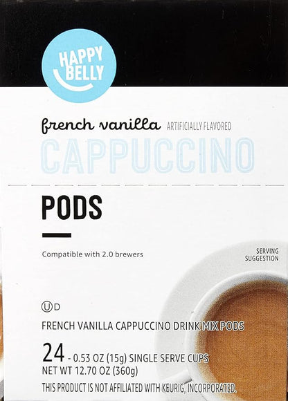 Amazon Brand - Happy Belly Cappuccino Coffee Pods Light Roast Compatible with 2.0 K-Cup Brewers, French Vanilla Flavored, 24 Count, 1.5 pound (Pack of 2)