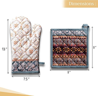 Maison d' Hermine 100% Cotton Oven Mitt & Pot Holder Set (7.5"x13" & 8"x8") Heat Resistant BBQ Cooking Gloves with Loop, Baking, Grilling, Kitchen, Handling Hot Pans (Fair Isle)