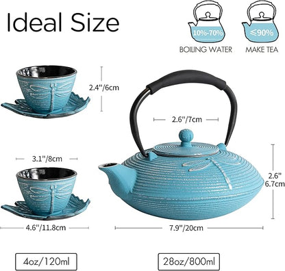 Cast Iron Teapot Set with 2 Tea Cups, 7 Pcs Japanese Tea Kettle with Stainless Steel Infuser, Tea Pot Coated with Enameled Interior, Dragonfly Pattern, 28oz 800ml Blue