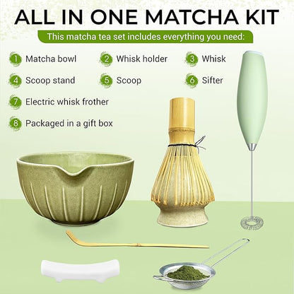 Matcha Whisk Set with Matcha Bowl - Matcha Set Included Electric Frother, Bamboo Whisk, Matcha Spoon, Bamboo Holder, Sifter, Spoon Stand (Mottled Green)