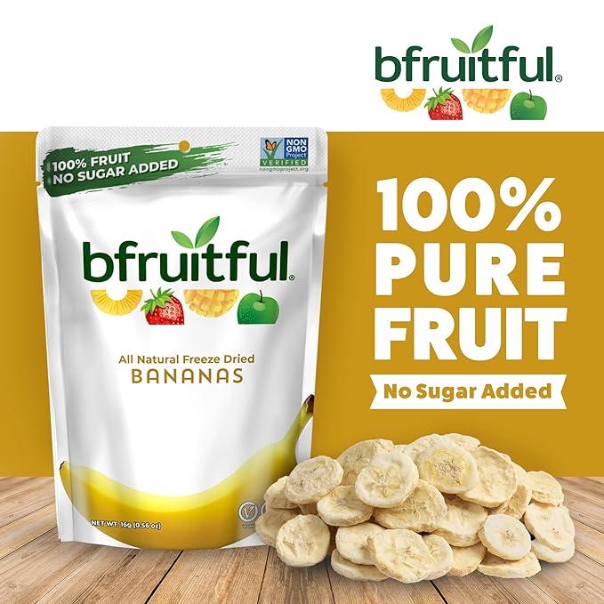 bfruitful Freeze-Dried Banana, Freeze Dried Fresh Fruit Bites, Gluten Free, Vegan, Dairy Free, Kosher, No Sugar Added, Non GMO, Healthy Snacks for Kids or Adults, 0.56 oz Single-Serve Snack Packets, 12 Pack